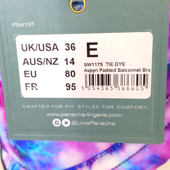 Panache underwire, bra size bikini top. Multi color tie dye print. Multiple size - Picture 5 of 6